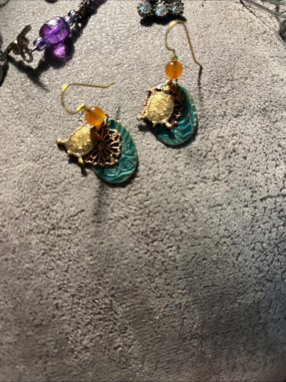 Gold Turtle Teal Drop Earrings with Amber Bead - Women Jewelry 1716